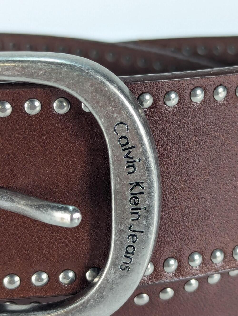 Women's Calvin Klein Jeans Leather Belt Medium 38" Brown Studded Matte Silver - Picture 2 of 11